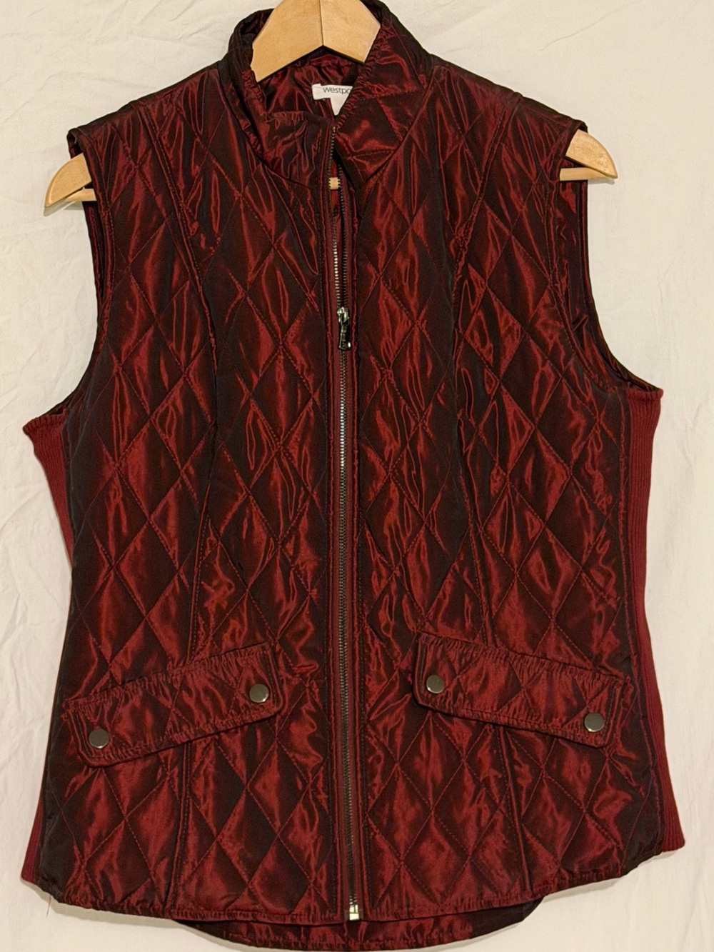 Westport Iridescent Burgundy Quilted Vest Zip Sleeveless w/ Ribbed Stretch Sides